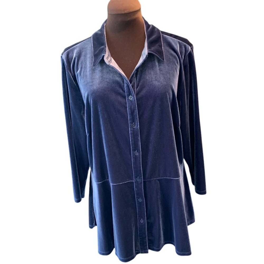 Isaac Mizrahi Velvet Button Front Peplum Knit Top Navy Blue